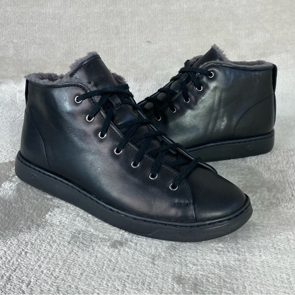 UGG Pismo Sneaker High Cozy Mens Size 9 Black Gray Leather Wool Lined NEW - Picture 3 of 11